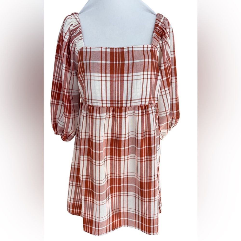 Monteau Los Angles red/rust/white plaid square neck babydoll dress size medium. - Picture 2 of 8